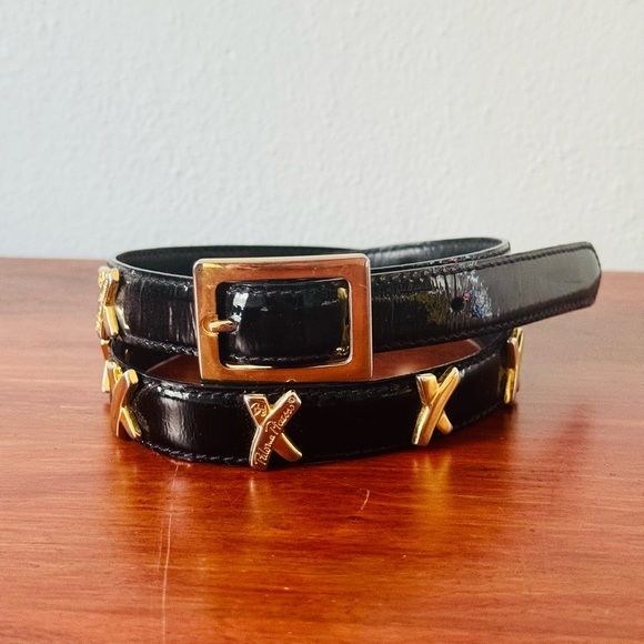 Paloma Picasso Accessories - Vintage Paloma Picasso Signature Black Patent Leather Belt with X Gold Accents